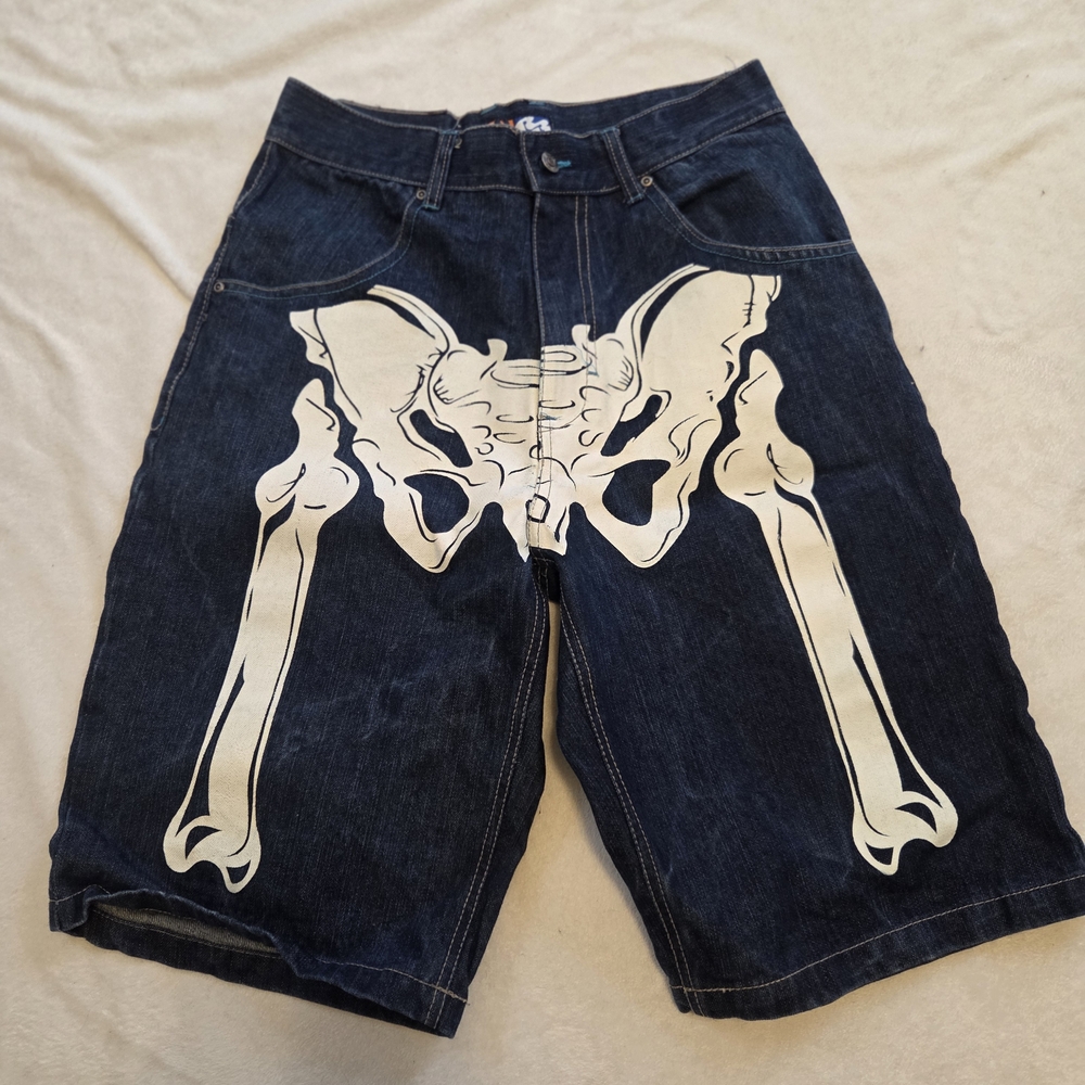 Raw Blue Denim Shorts with Skeleton Print Glows In the Dark